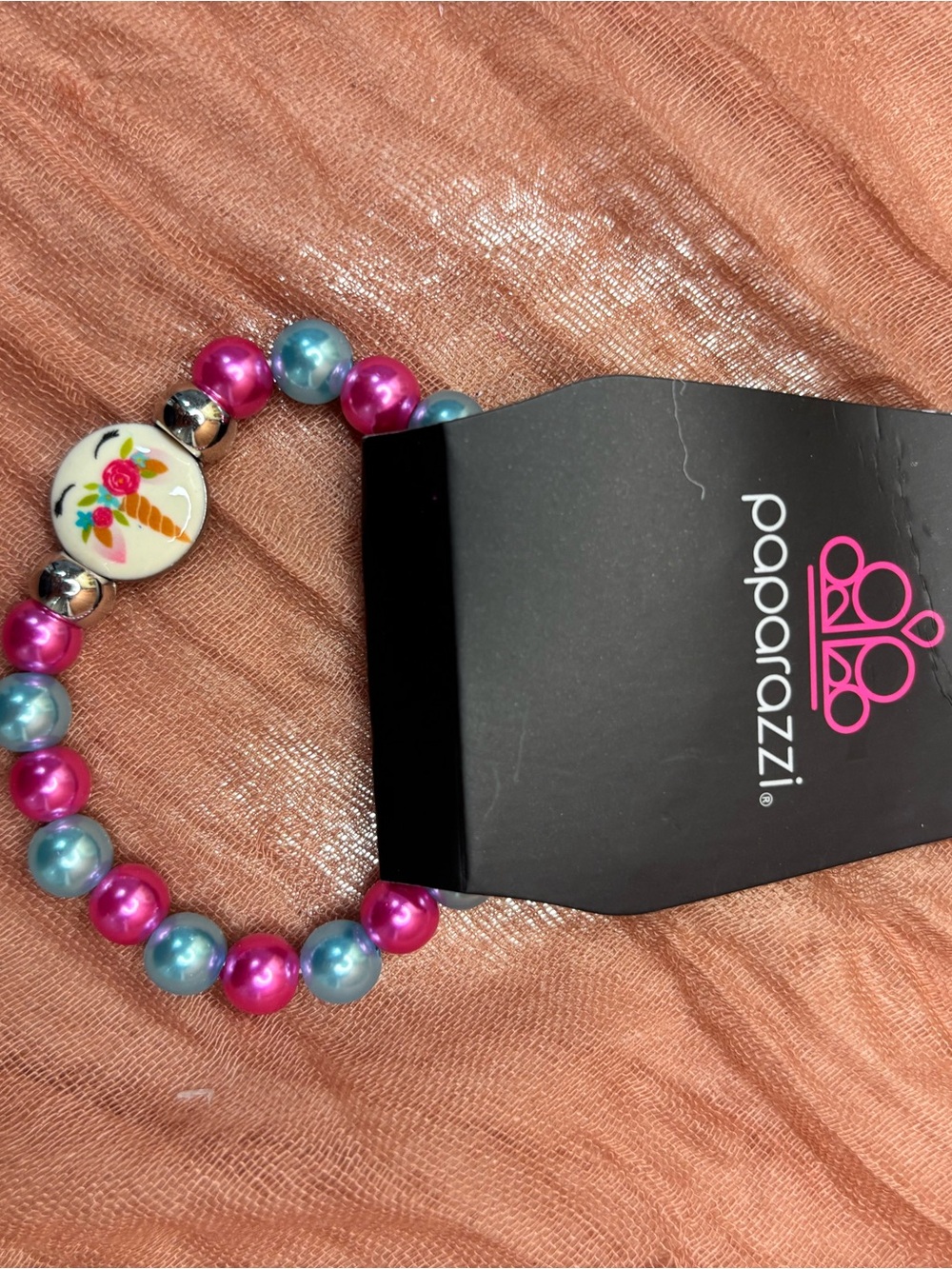 paparazzi Pink & Aqua Pearl Bracelet with Floral Cone Cabochon